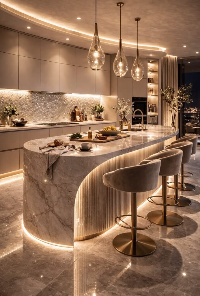 champagne curve editorial penthouse kitchen with sculptural marble island