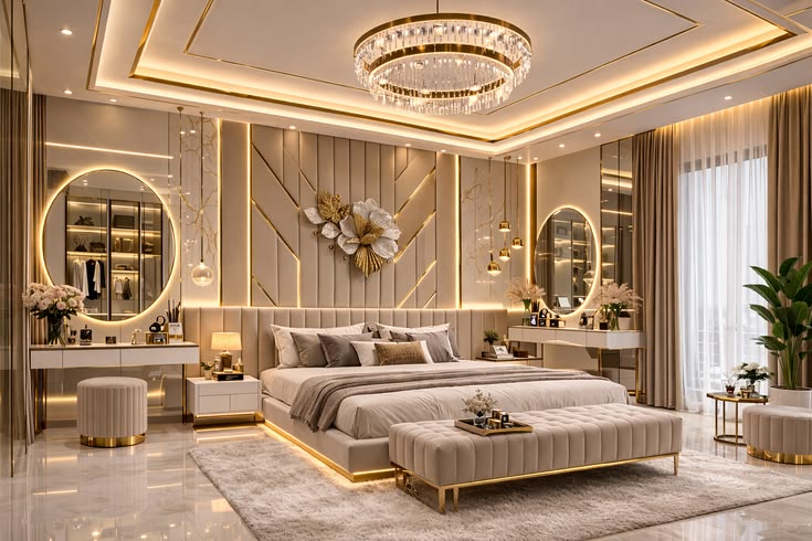 modern luxury bedroom interior design with led wall panel & elegant makeup vanity setup (1)