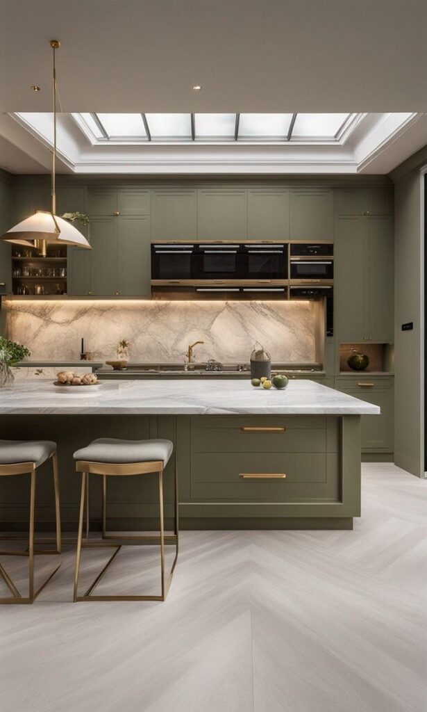 olive green modern kitchen with skylight and marble backsplash